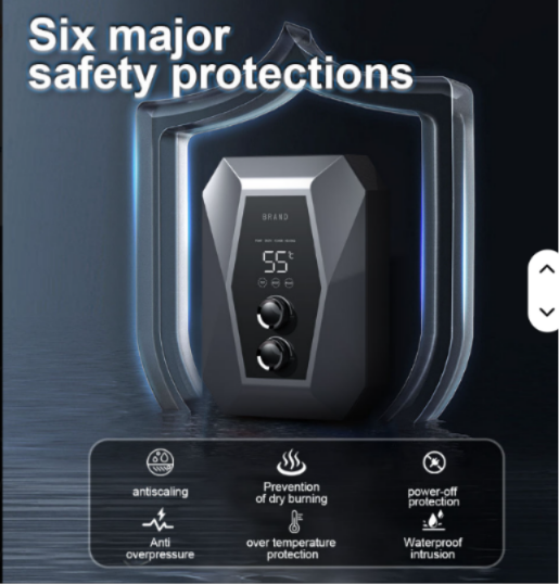 High-power 5500W electric water heater with knob, tankless instant shower heater, with hotel bathroom flow detection